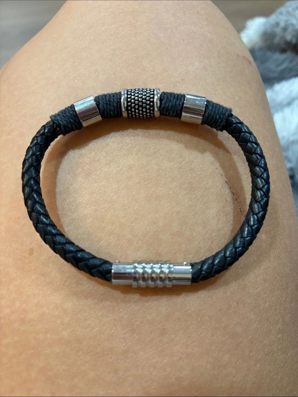 Unbranded Braided Leather Bracelet Mens OS Black Good Magnetic Stainless Steel